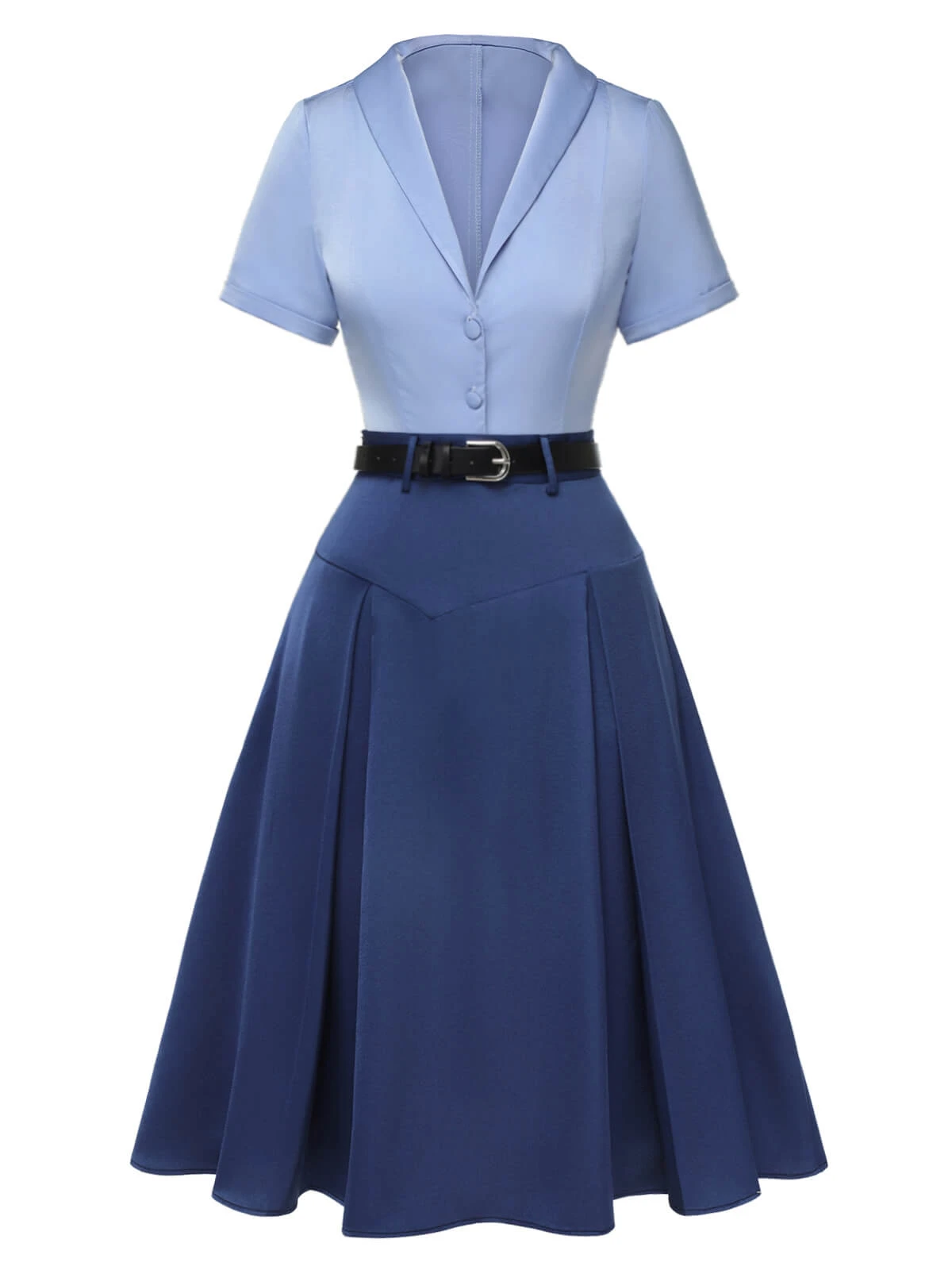2PCS Dark Blue 1950s Solid Lapel Blouse & Pleated Skirt - Image 2