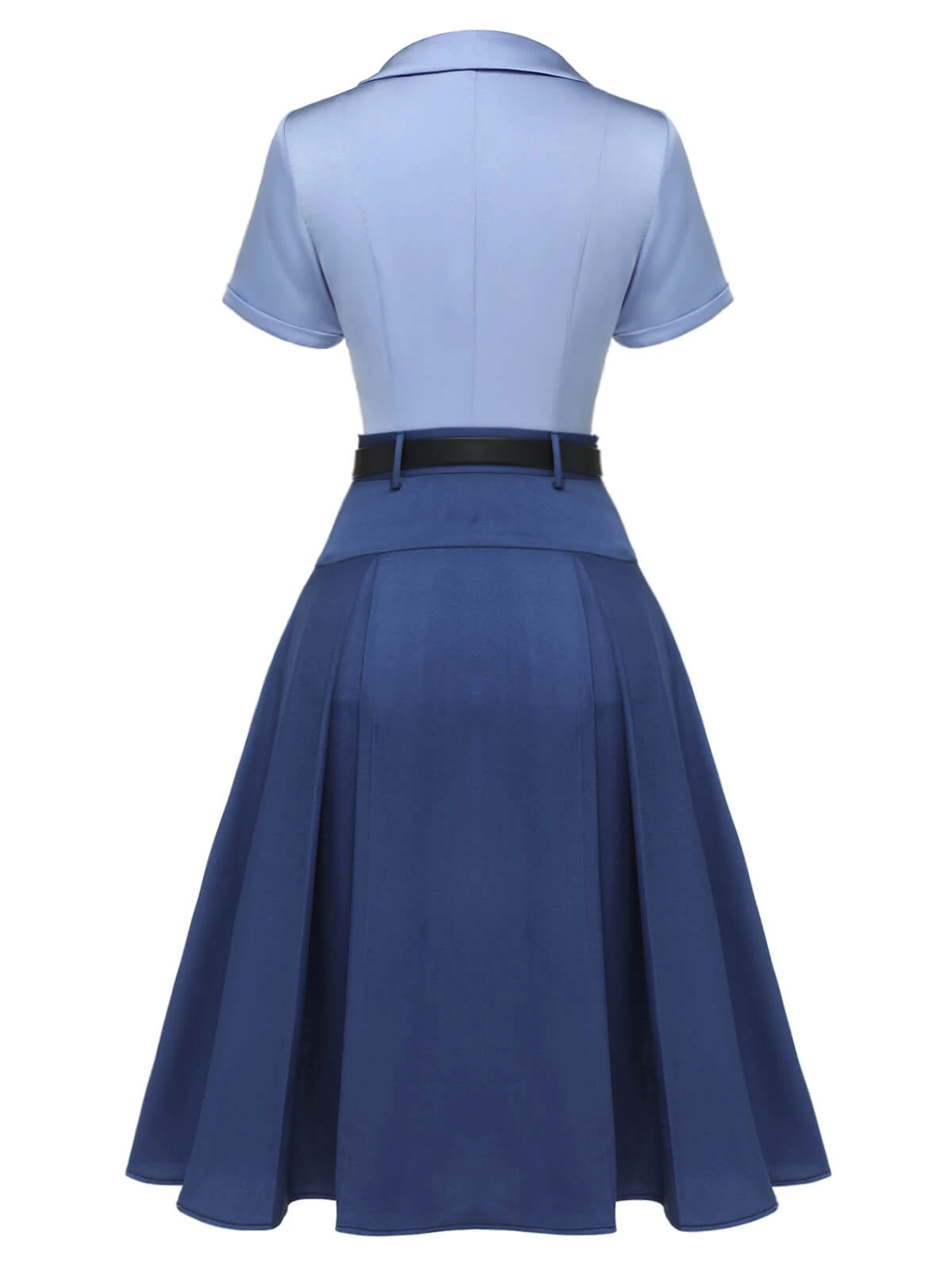 2PCS Dark Blue 1950s Solid Lapel Blouse & Pleated Skirt - Image 4