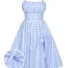 Blue 1950s Spaghetti Strap Plaids Bow Decor Dress