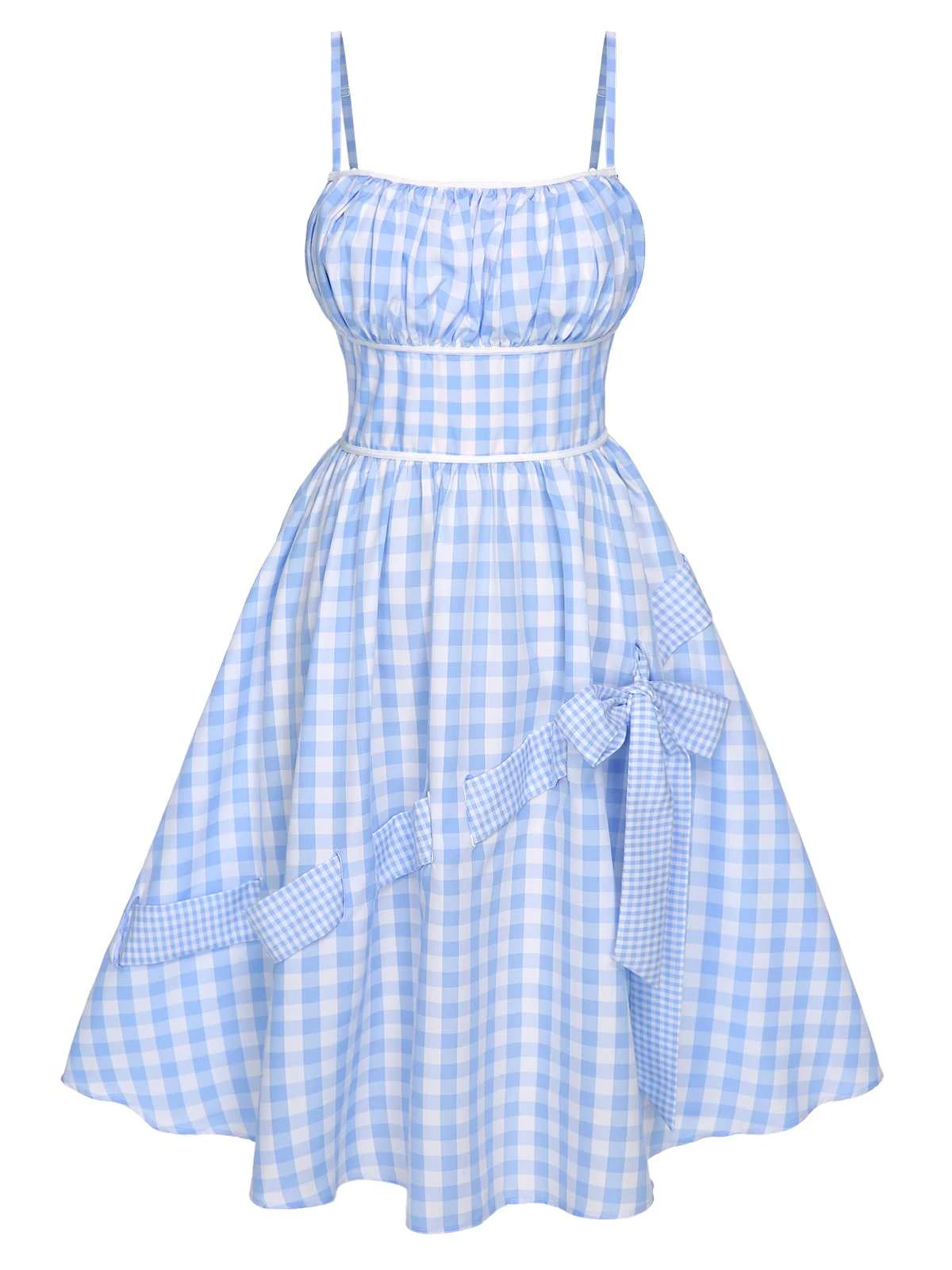 Blue 1950s Spaghetti Strap Plaids Bow Decor Dress - Image 2