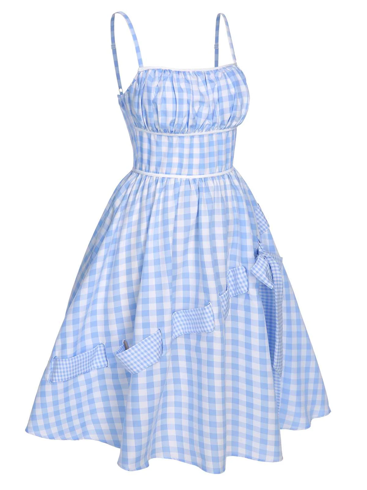 Blue 1950s Spaghetti Strap Plaids Bow Decor Dress - Image 3