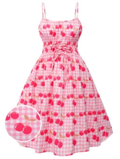 Pink 1950s Cherry Spaghetti Strap Dress