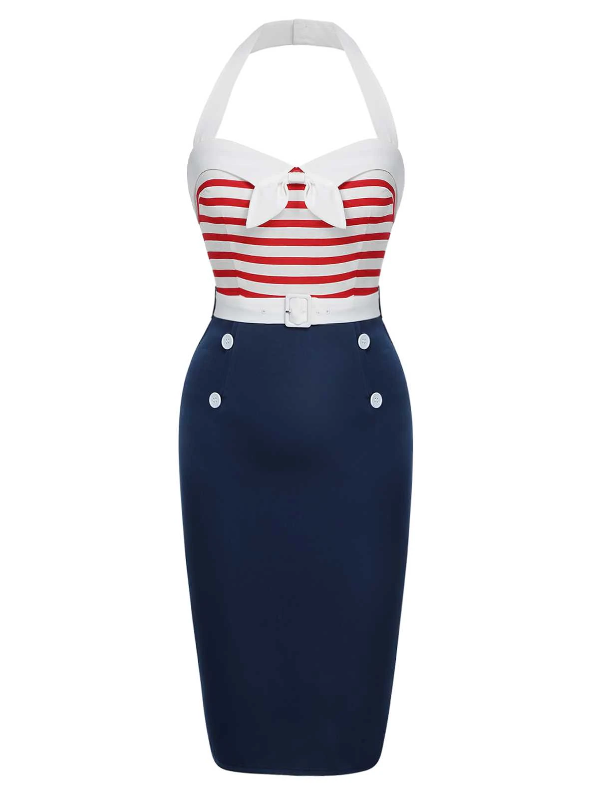 1960s Halter Stripes Bow Belted Dress - Image 2