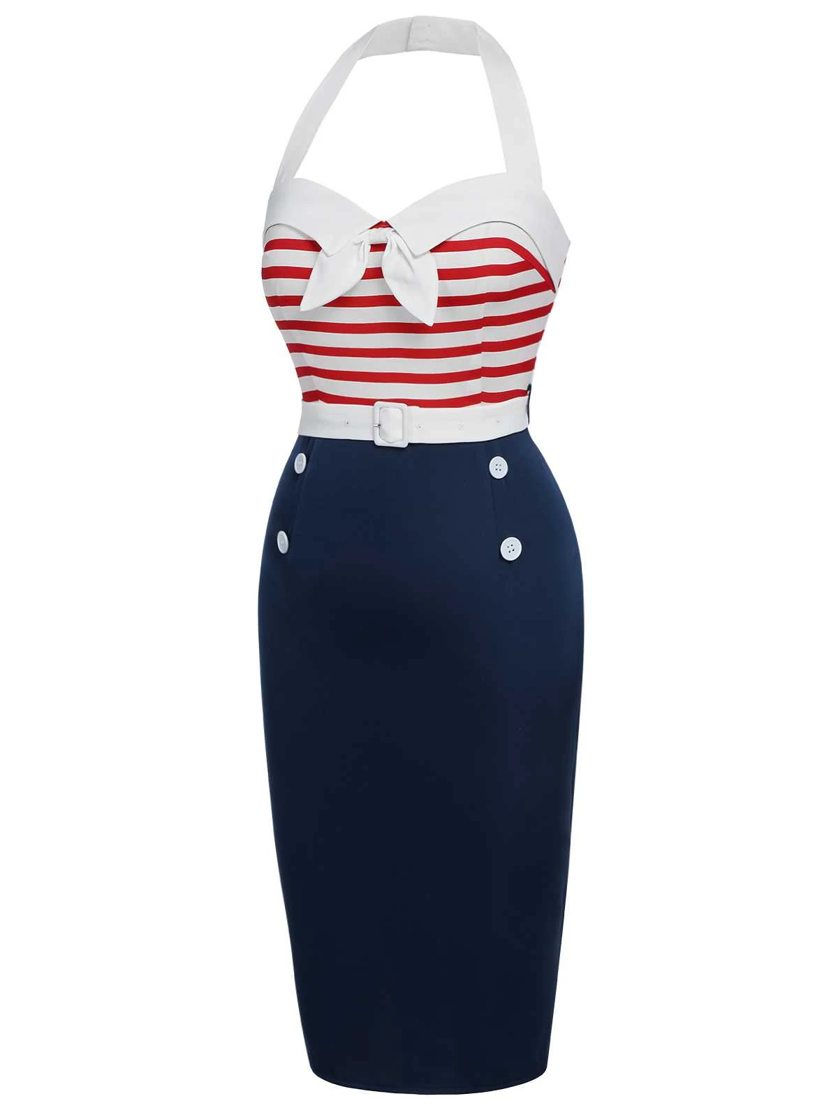 1960s Halter Stripes Bow Belted Dress - Image 3