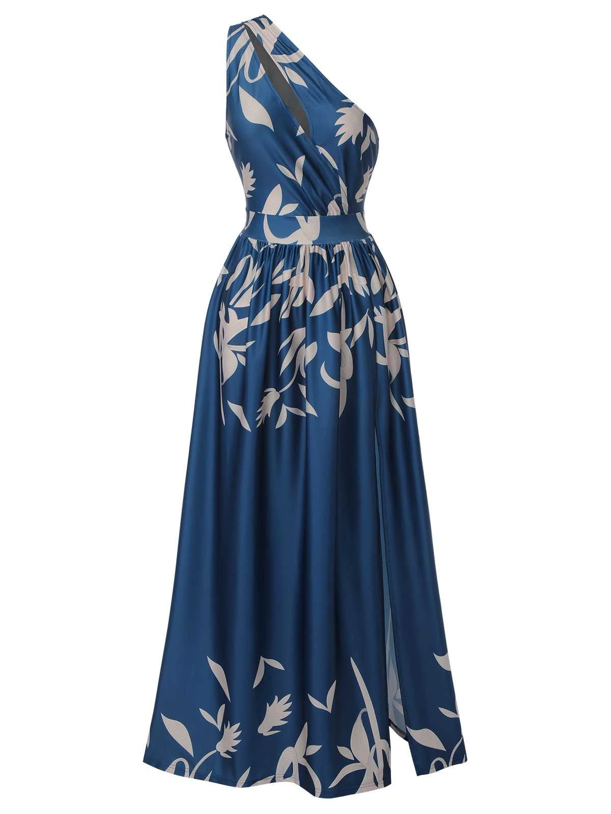 Blue 1940s One-Shoulder Plants Slit Dress - Image 2