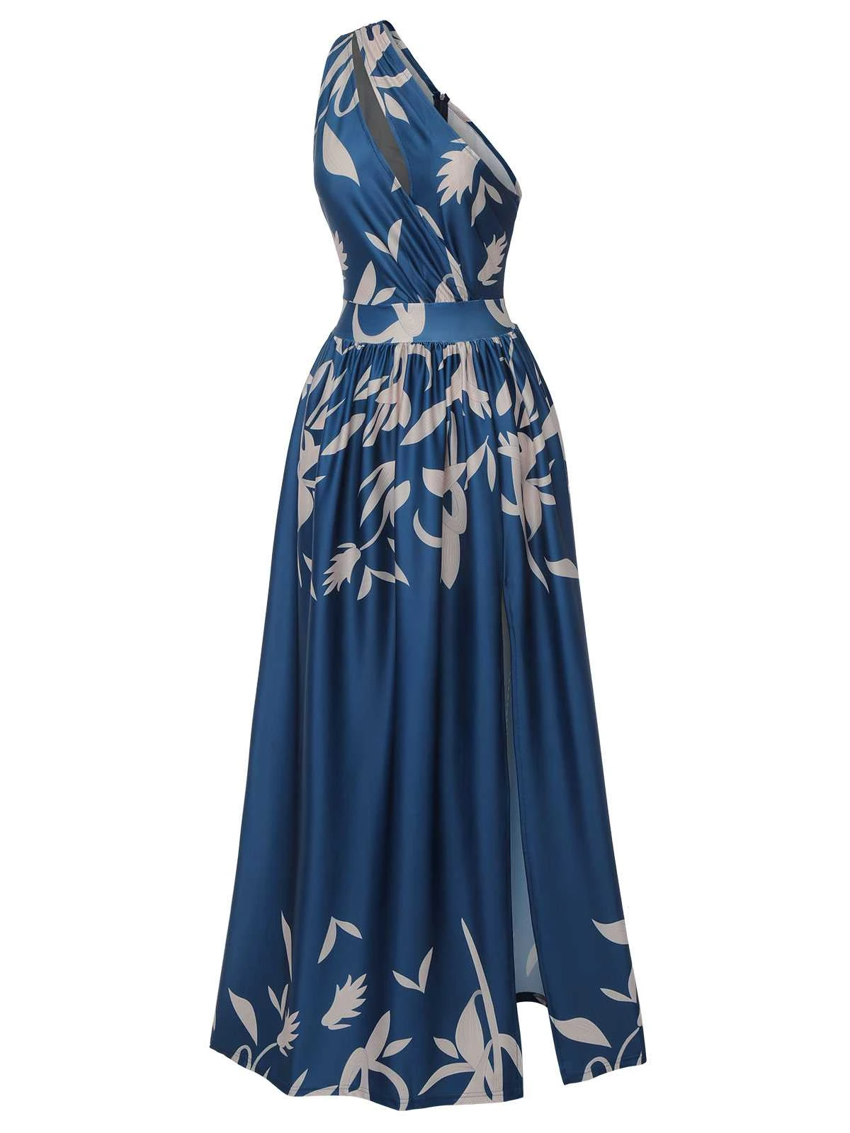 Blue 1940s One-Shoulder Plants Slit Dress - Image 3