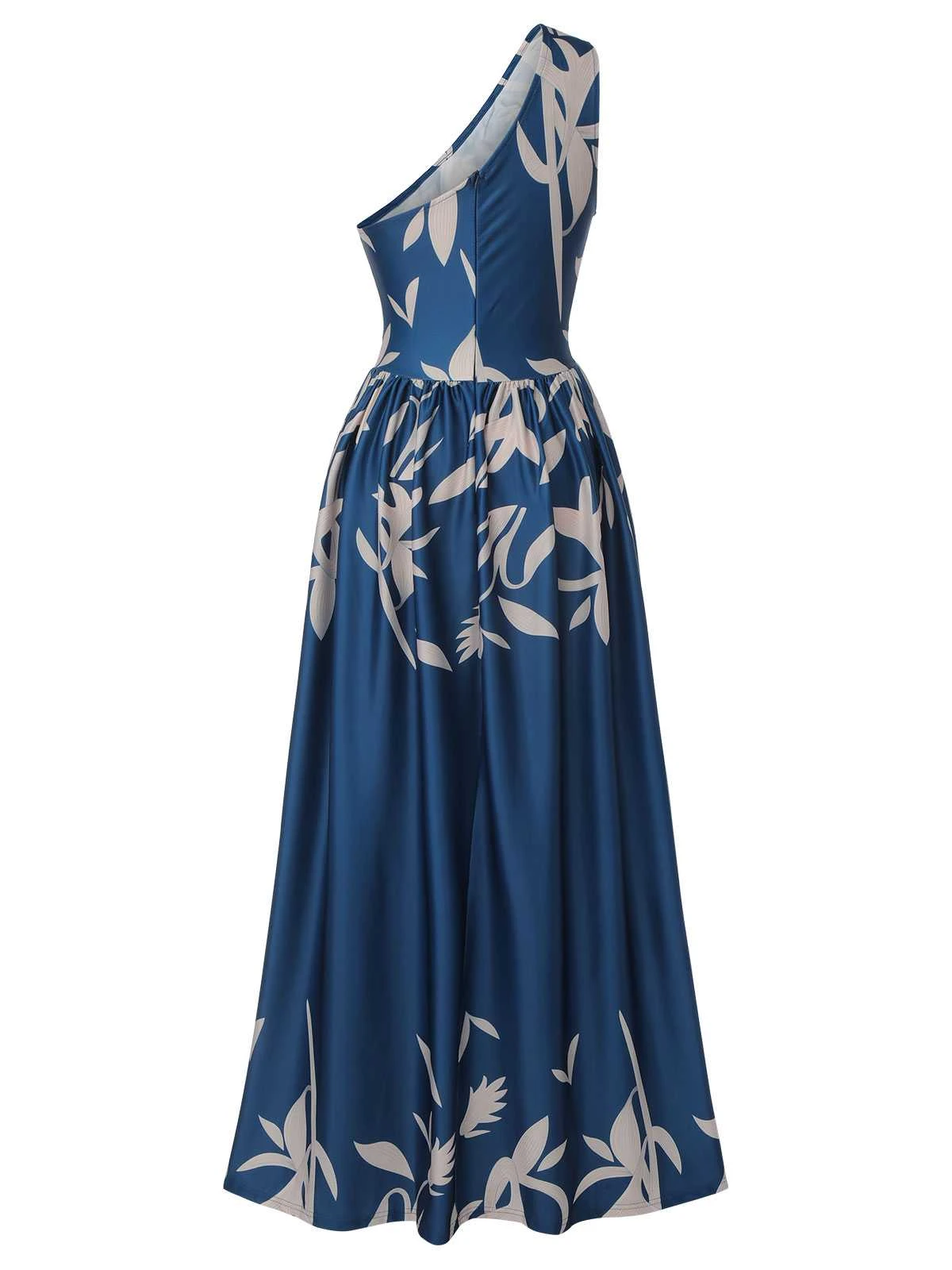 Blue 1940s One-Shoulder Plants Slit Dress - Image 4