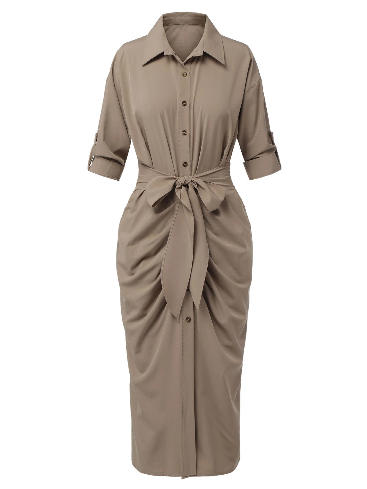 Khaki 1960s Solid Fold Pleated Lapel Dress - Image 2