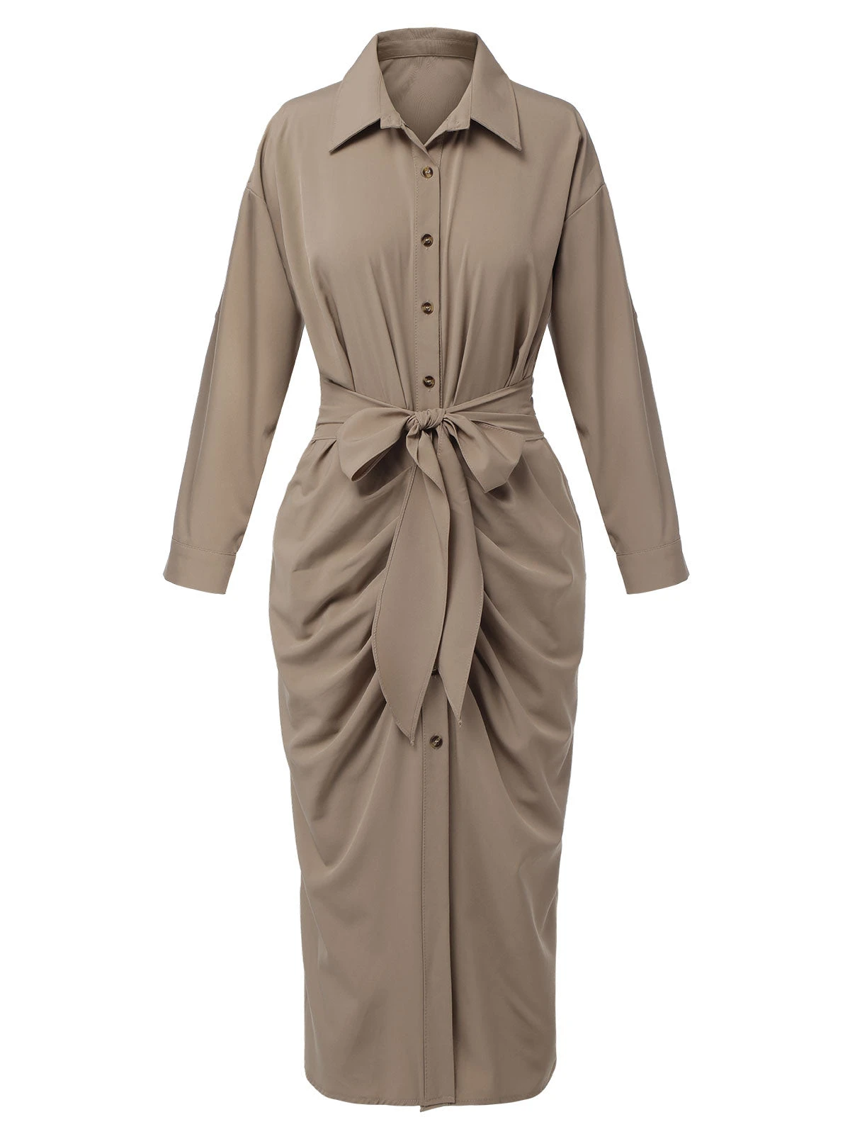 Khaki 1960s Solid Fold Pleated Lapel Dress - Image 3
