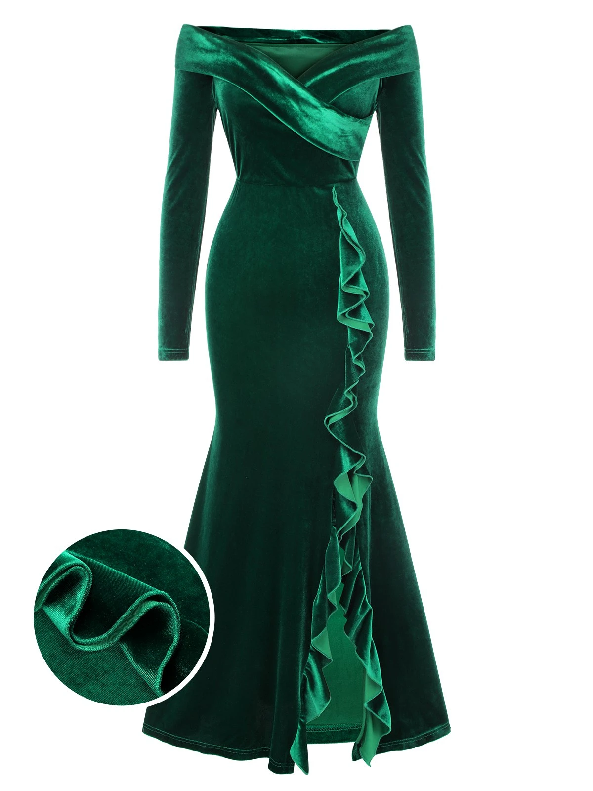 Green 1930s Velvet Off-Shoulder Ruffle-Trim Mermaid Dress