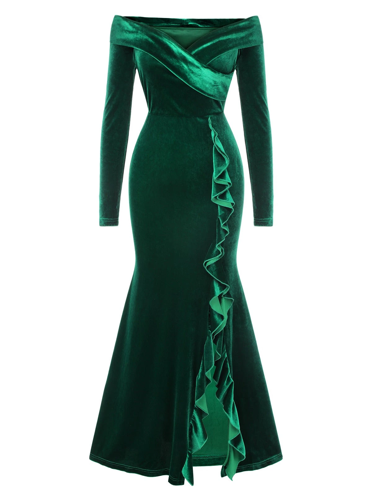 Green 1930s Velvet Off-Shoulder Ruffle-Trim Mermaid Dress - Image 2