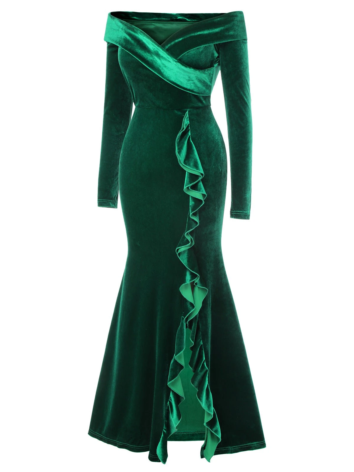Green 1930s Velvet Off-Shoulder Ruffle-Trim Mermaid Dress - Image 3