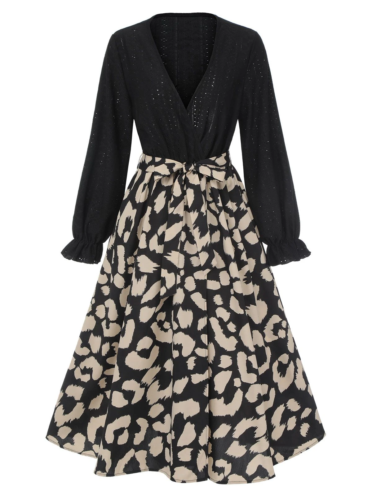 Black 1950s Leopard V-Neck Patchwork Dress - Image 2