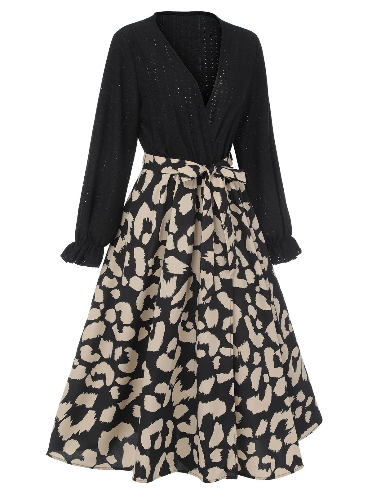 Black 1950s Leopard V-Neck Patchwork Dress - Image 3