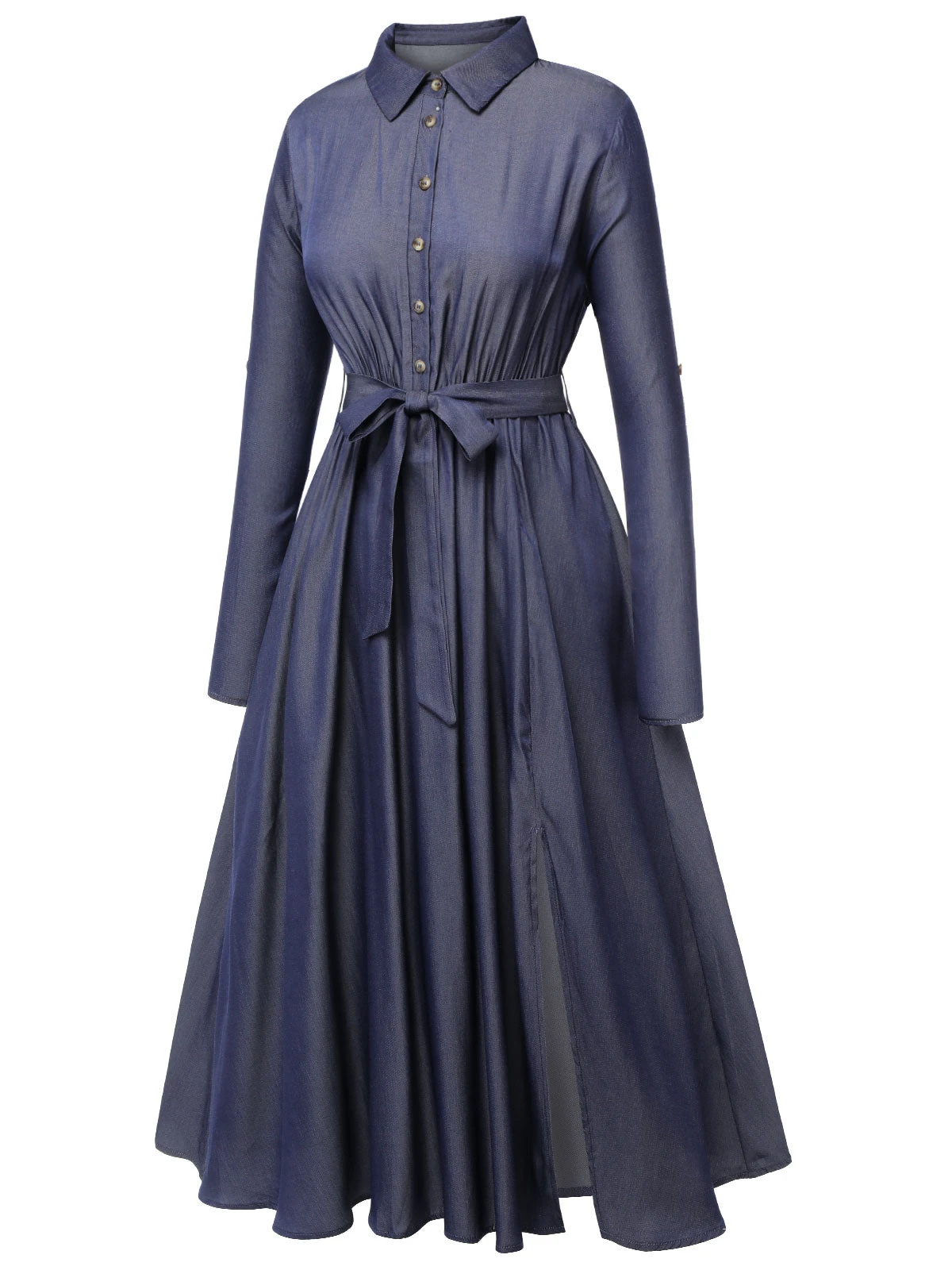 Blue 1940s Solid Shirt Collar Belt Dress - Image 4