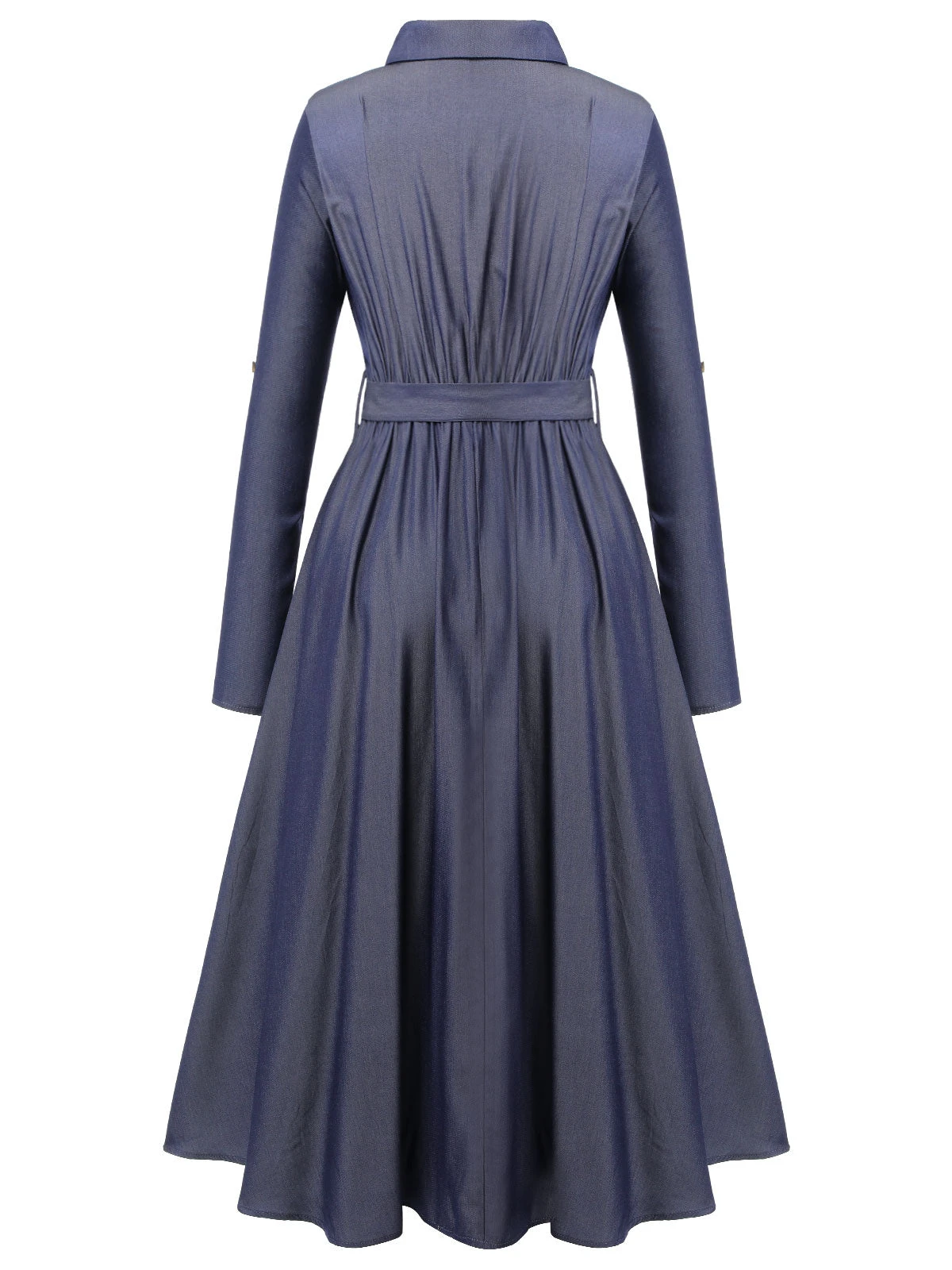 Blue 1940s Solid Shirt Collar Belt Dress - Image 5
