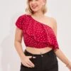 [Plus Size] Red 1930s Polka Dots One-Shoulder Ruffle Sleeves Tops