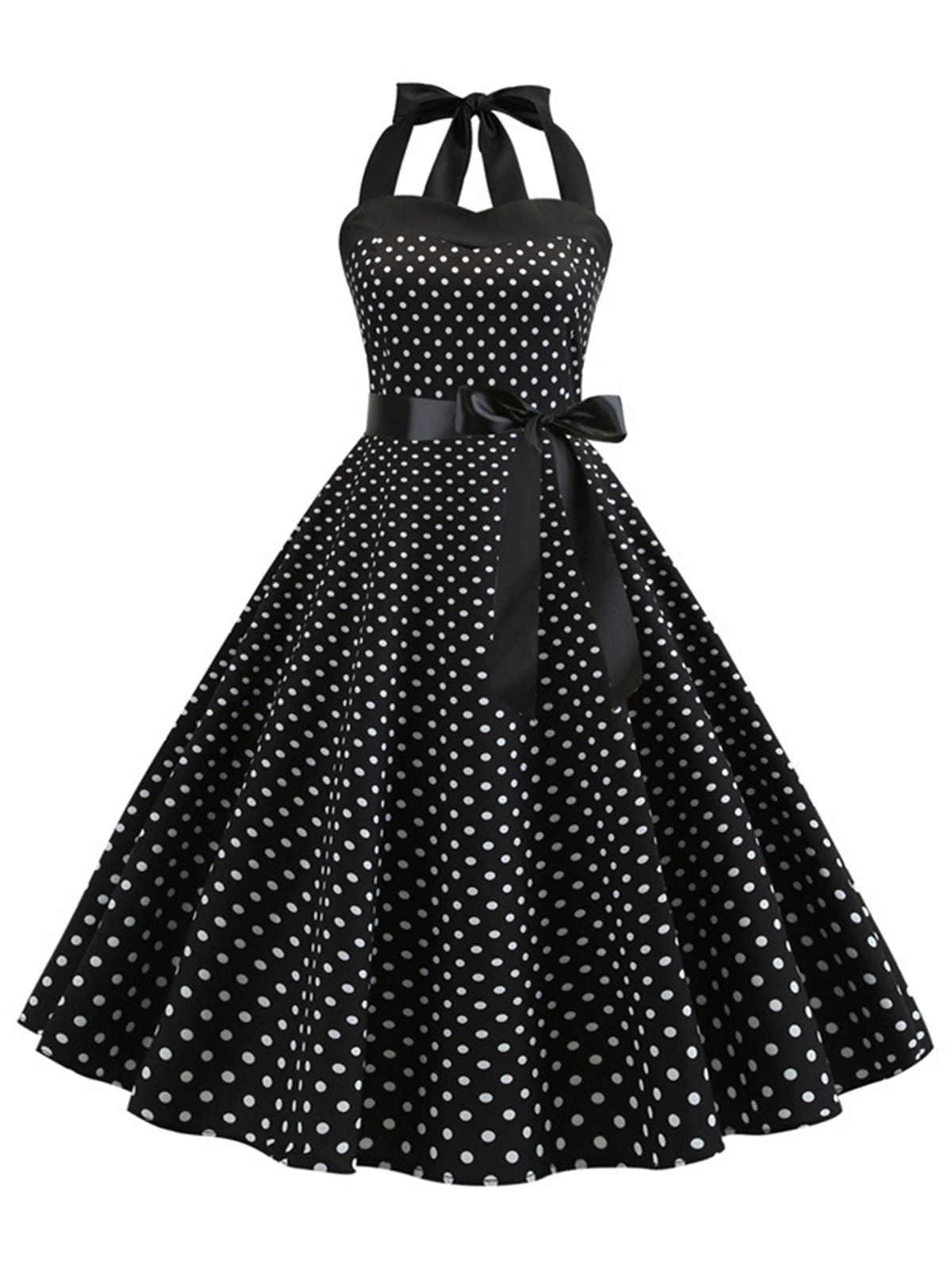 1950s Polka Dot Bow Tie Halter Swing Dress - Image 5