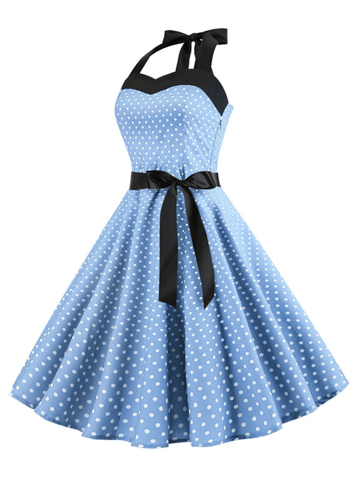 1950s Polka Dot Bow Tie Halter Swing Dress - Image 2