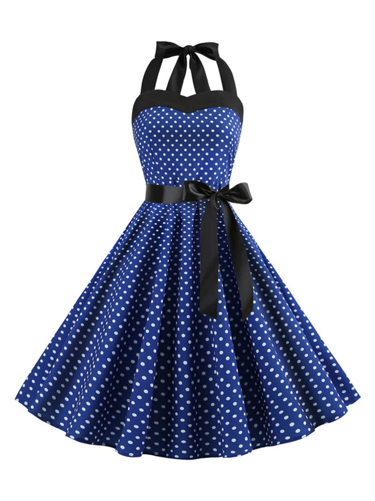 1950s Polka Dot Bow Tie Halter Swing Dress - Image 8