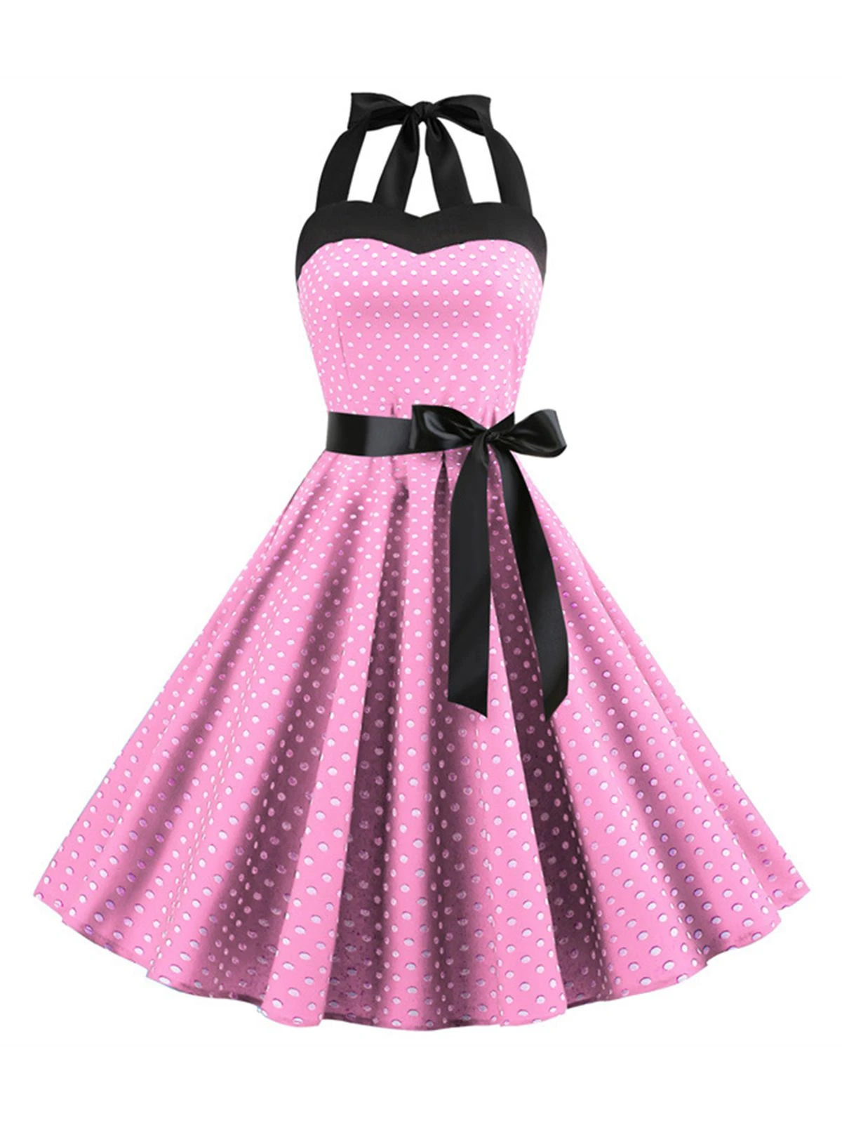 1950s Polka Dot Bow Tie Halter Swing Dress - Image 11