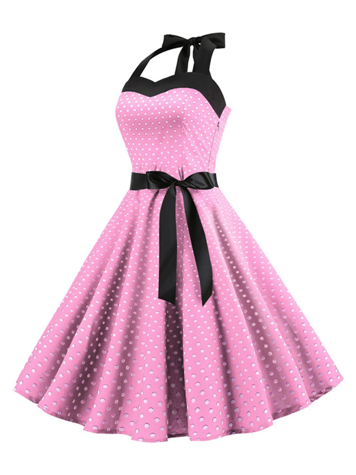 1950s Polka Dot Bow Tie Halter Swing Dress - Image 12