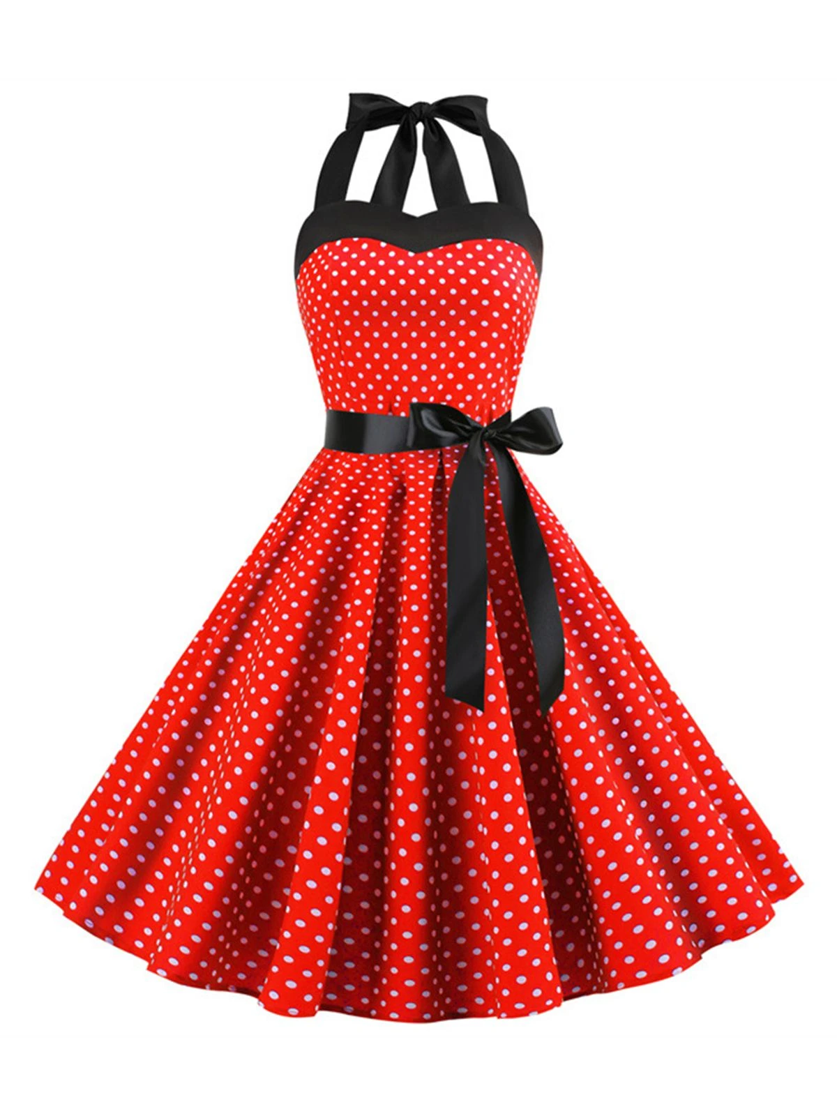 1950s Polka Dot Bow Tie Halter Swing Dress - Image 14
