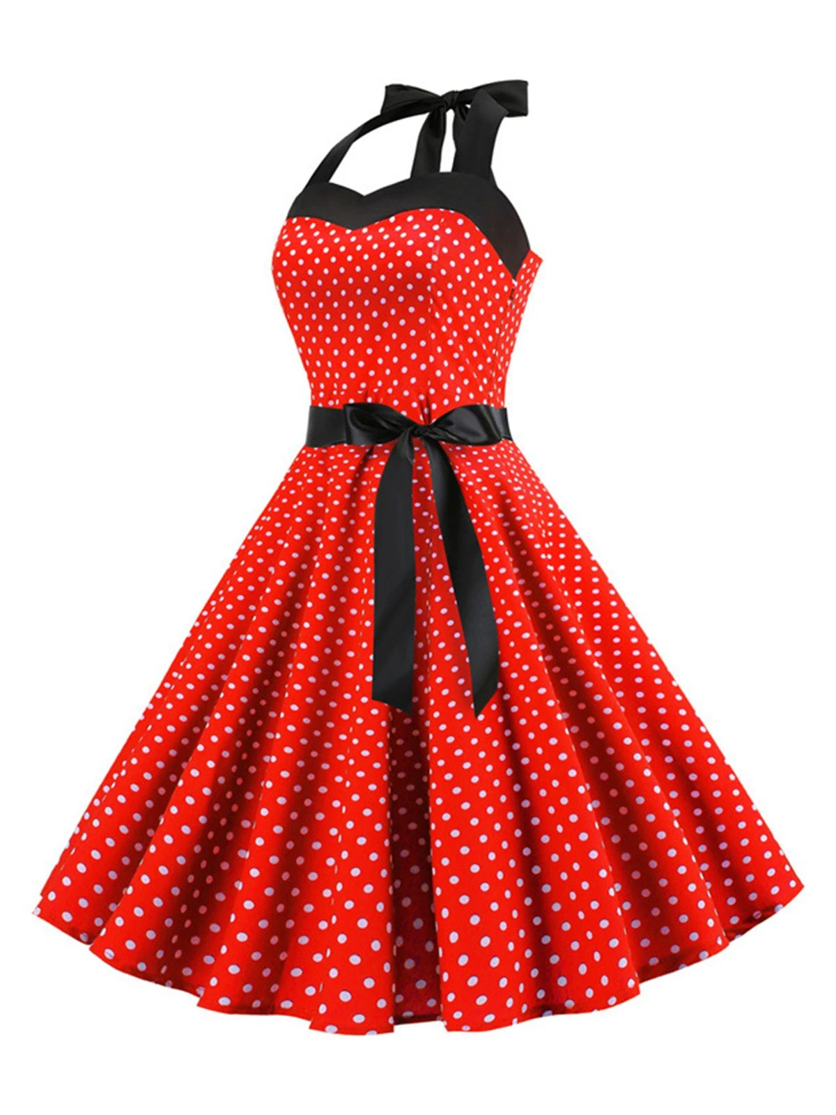 1950s Polka Dot Bow Tie Halter Swing Dress - Image 15