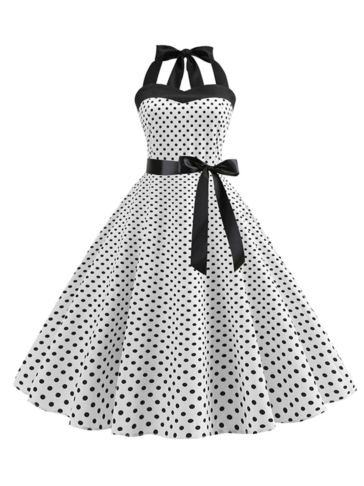 1950s Polka Dot Bow Tie Halter Swing Dress - Image 17