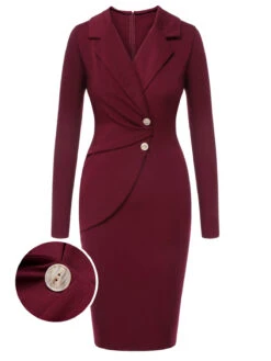 Purplish Red 1940s Solid Long Sleeved Lapel Dress