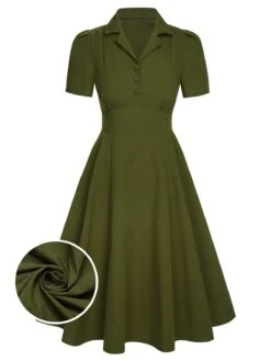 Green 1940s Lapel Buttoned Solid Dress