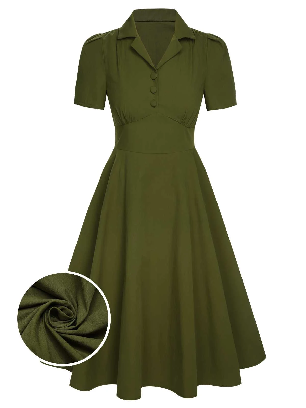 Green 1940s Lapel Buttoned Solid Dress