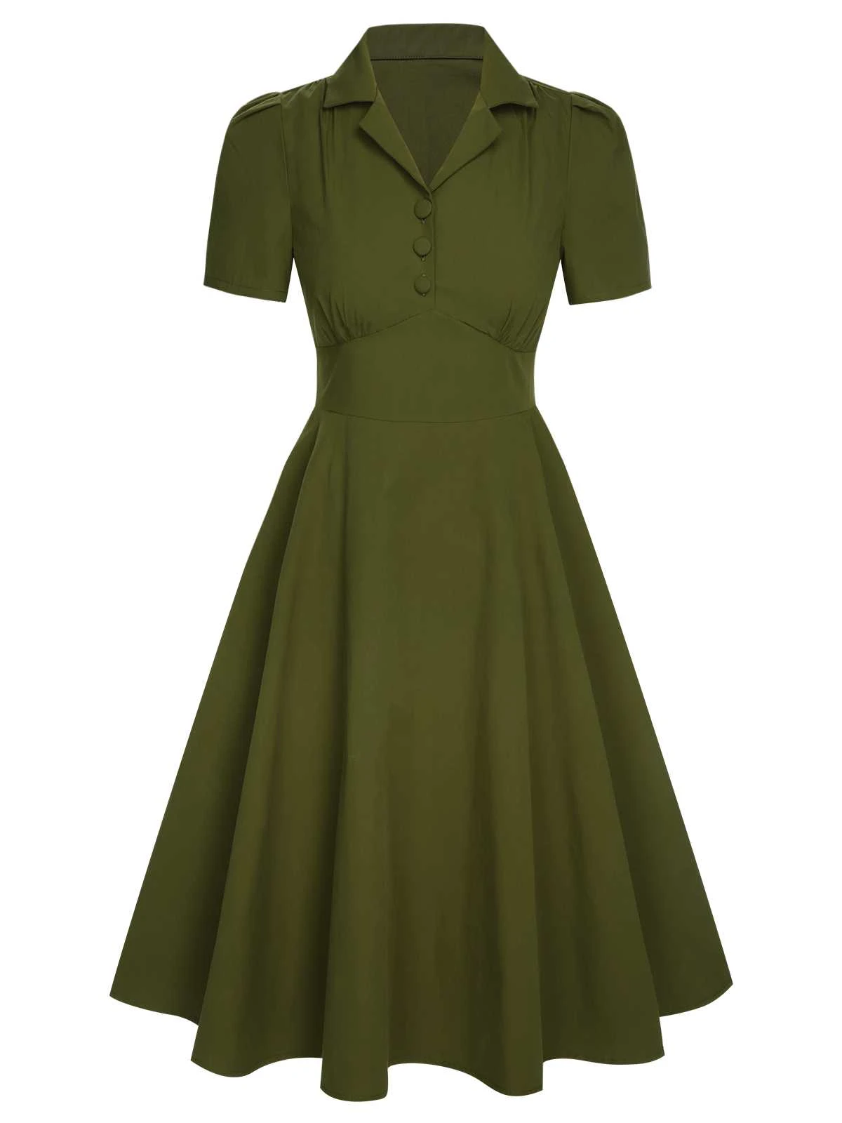 Green 1940s Lapel Buttoned Solid Dress - Image 2