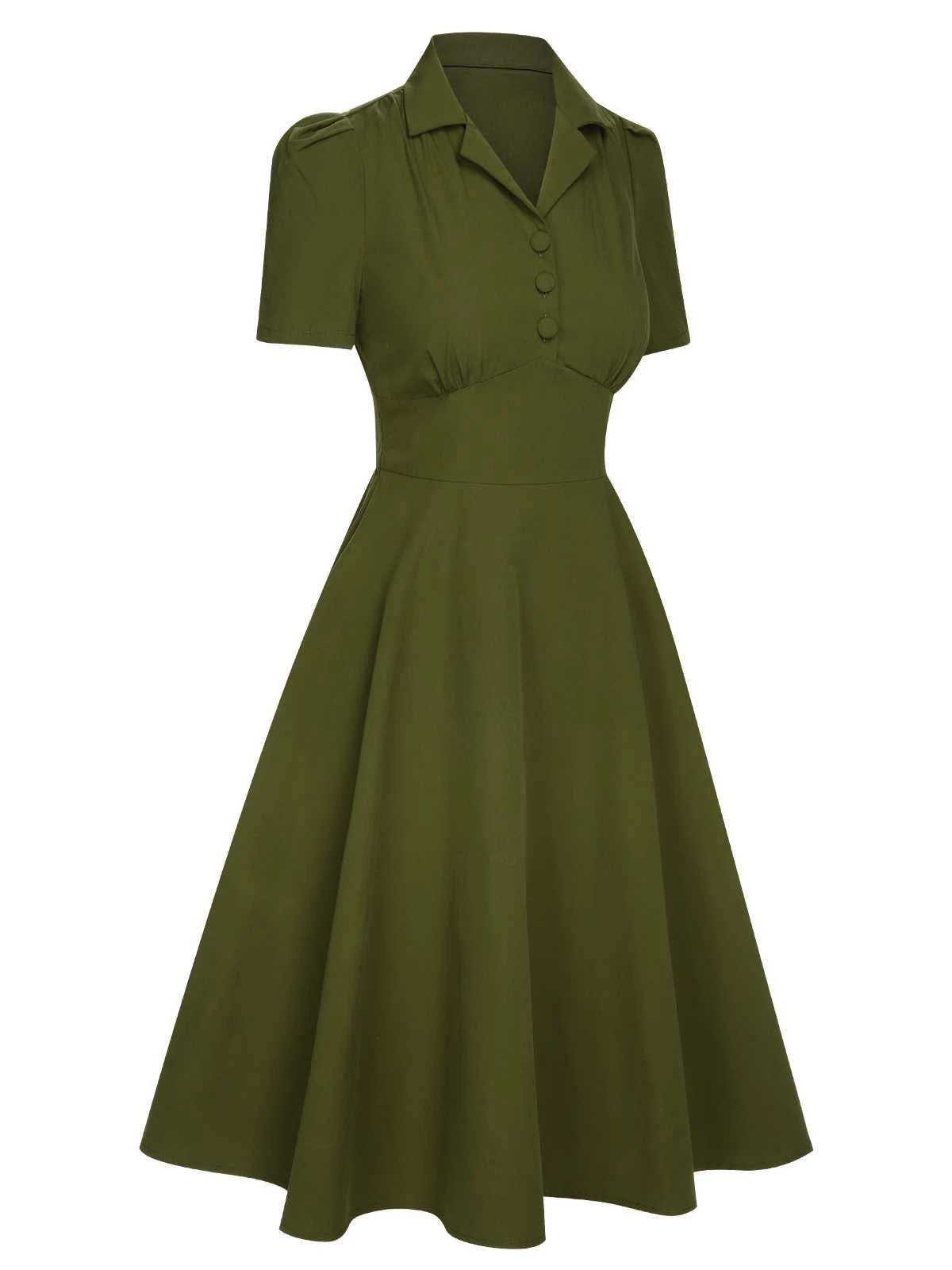 Green 1940s Lapel Buttoned Solid Dress - Image 3