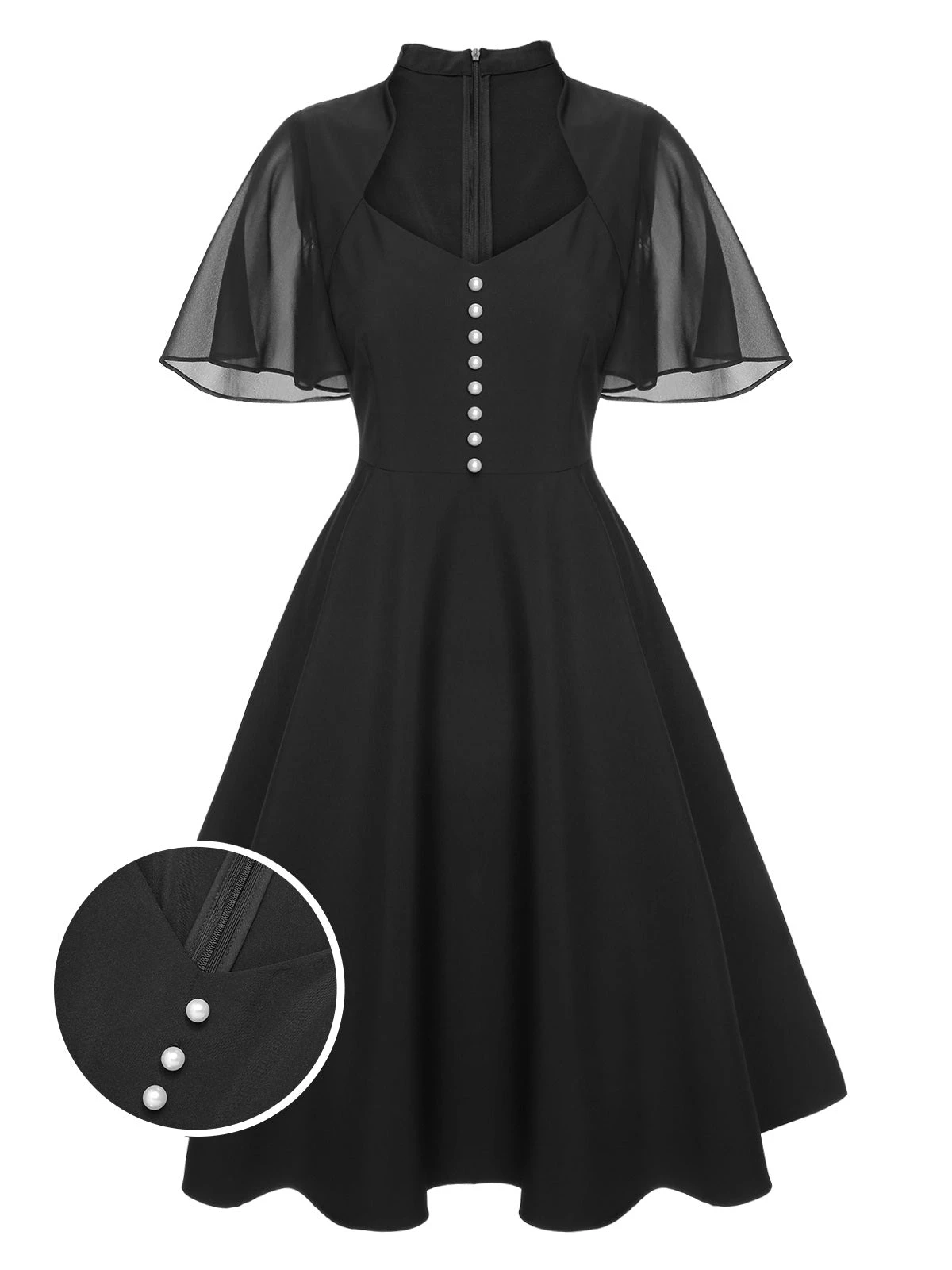 Black 1950s V-Neck Pearl Buttons Dress