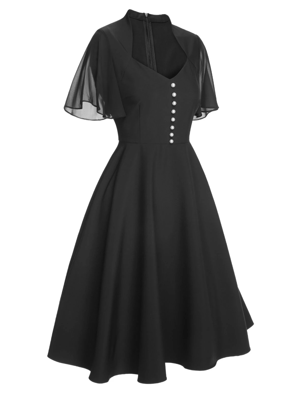 Black 1950s V-Neck Pearl Buttons Dress - Image 3