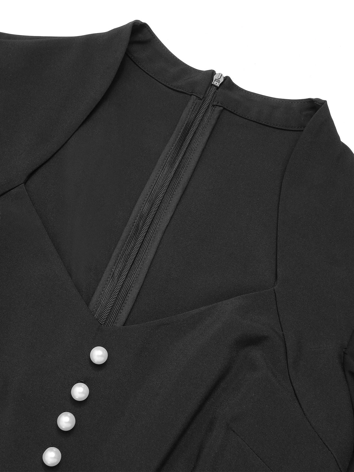 Black 1950s V-Neck Pearl Buttons Dress - Image 5