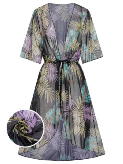 [Plus Size] Multicolor 1960s Tropical Botanical Tie Cover-Up