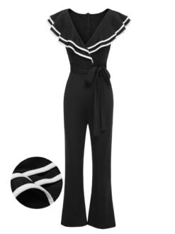 Black 1930s Ruffle Lapel Bootcut Jumpsuit