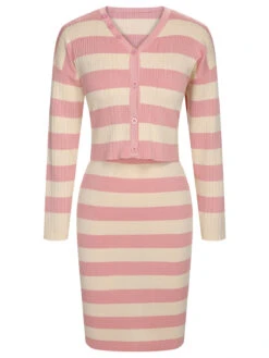 1960s Contrast Striped Knitted Jacket & Dress Suit