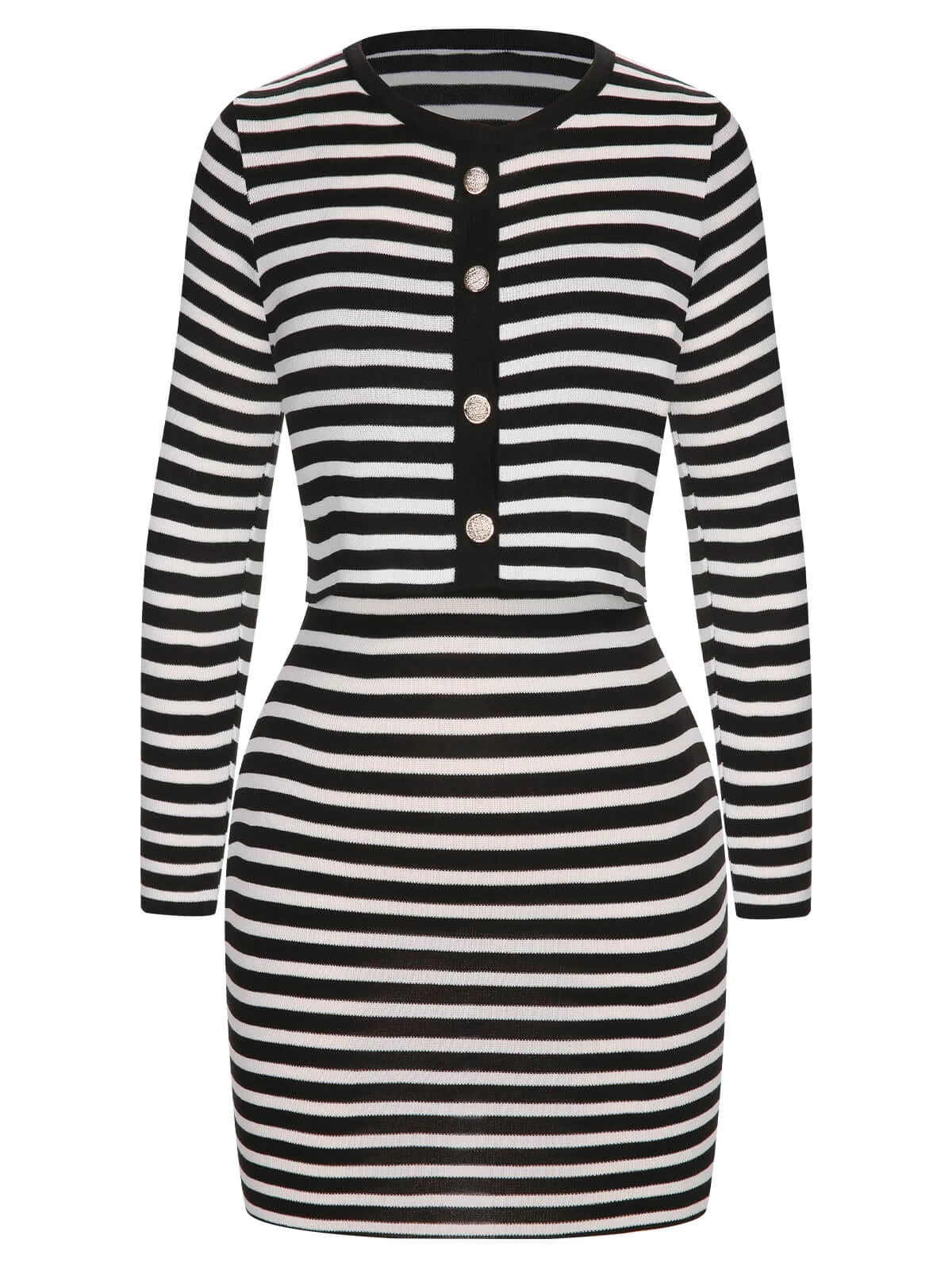 2PCS 1960s Black White Striped Knit Strap Dress & Cardigan