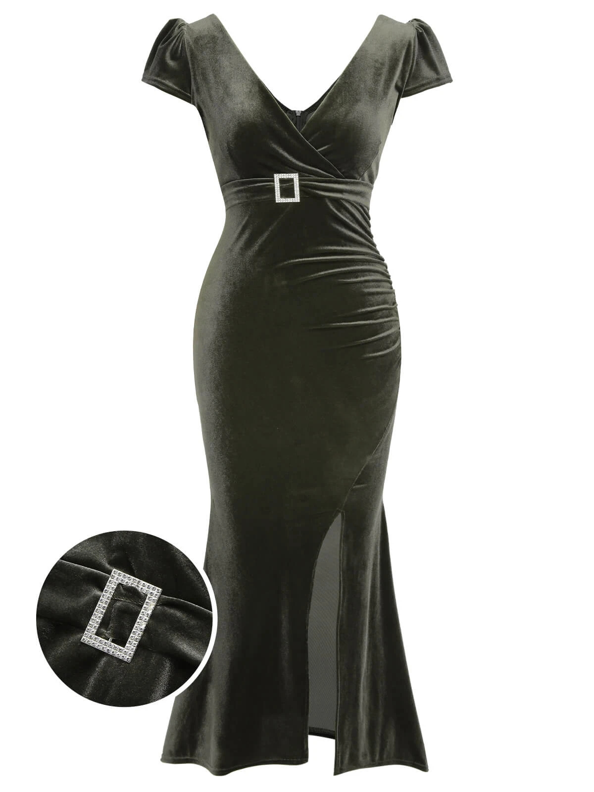 Green Gray 1930s Solid Velvet Slit Mermaid Dress