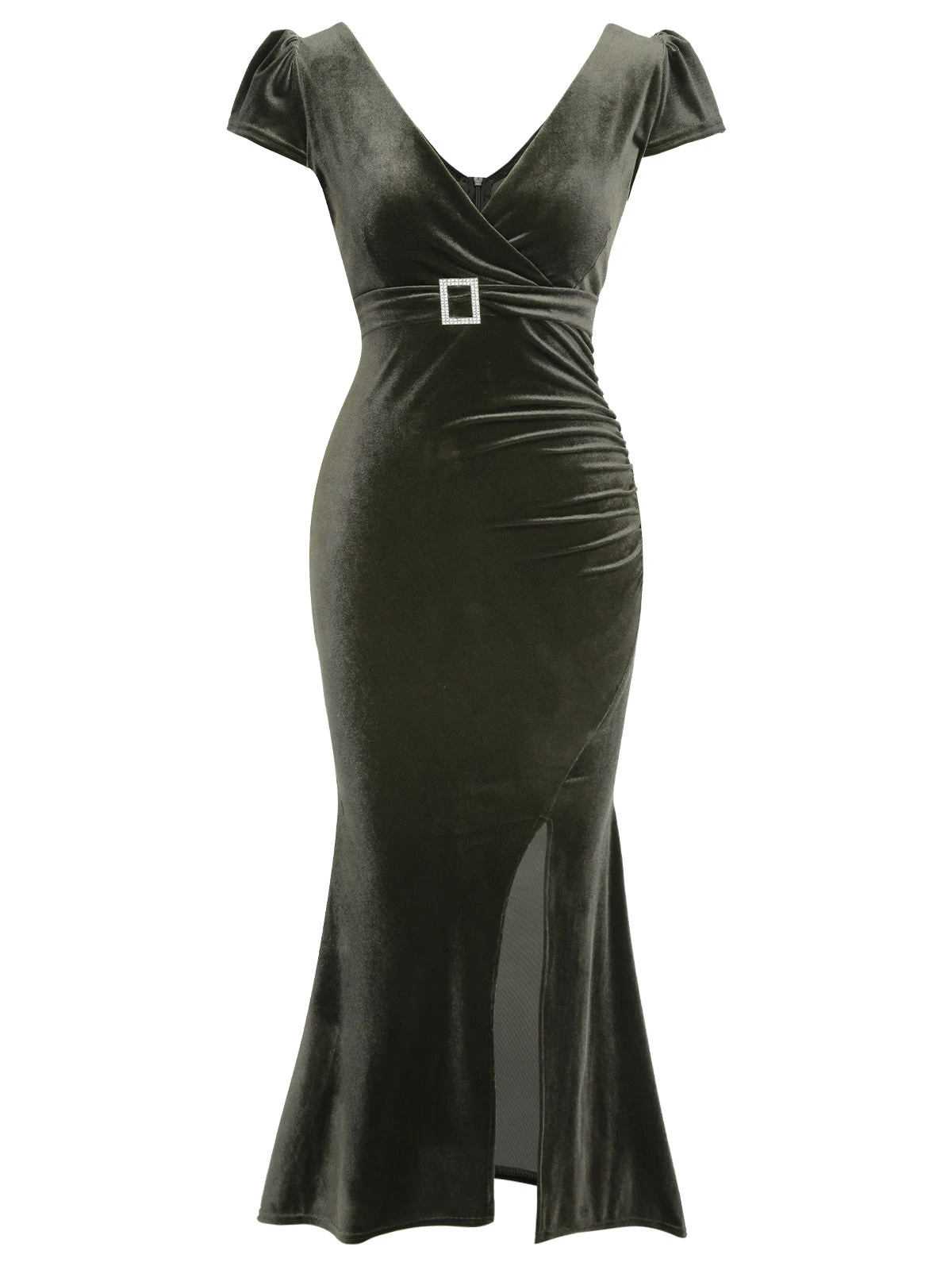Green Gray 1930s Solid Velvet Slit Mermaid Dress - Image 2