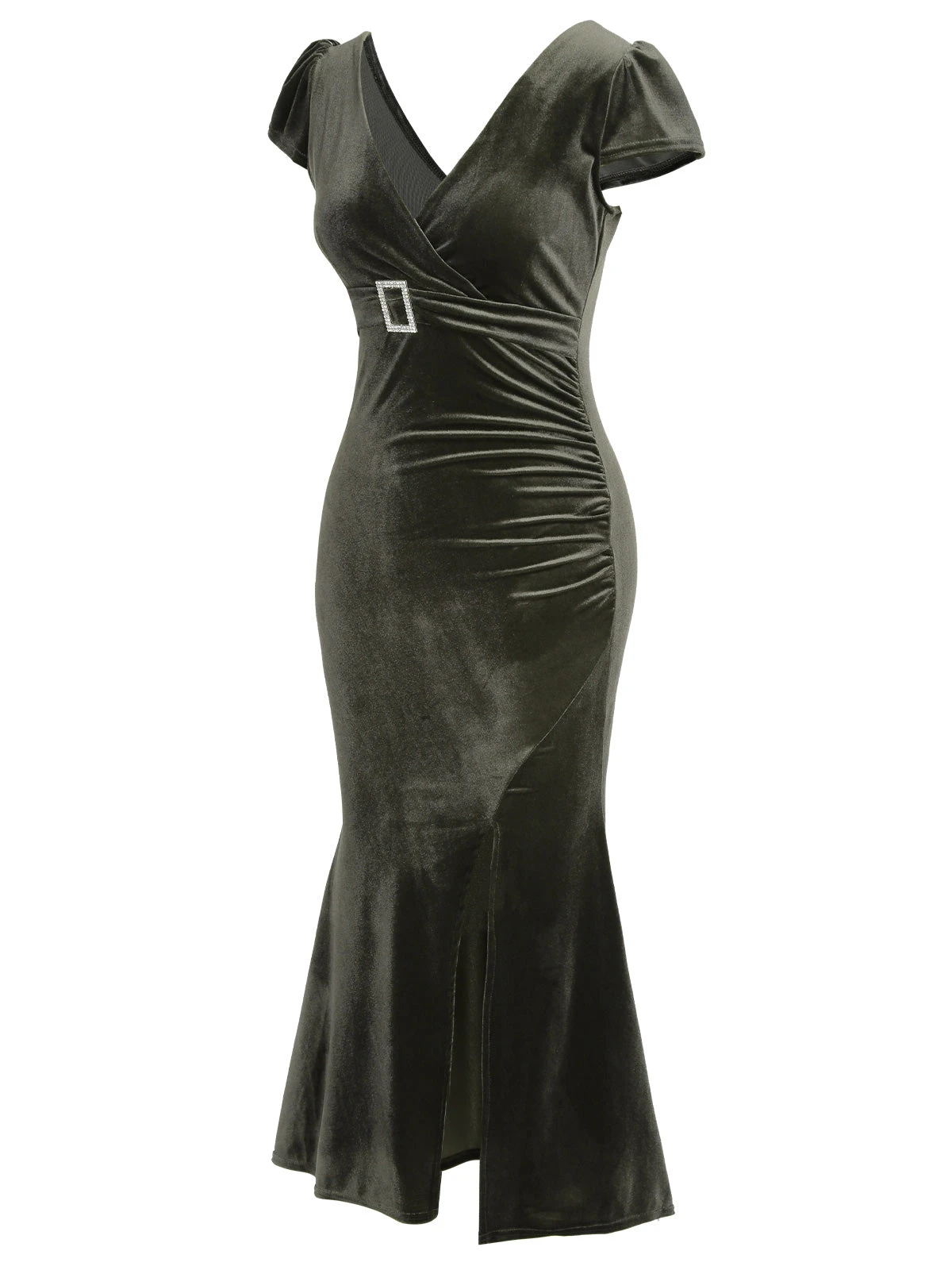 Green Gray 1930s Solid Velvet Slit Mermaid Dress - Image 3