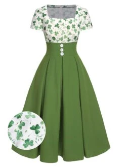 Green 1950s Lucky Clover Buttoned Dress