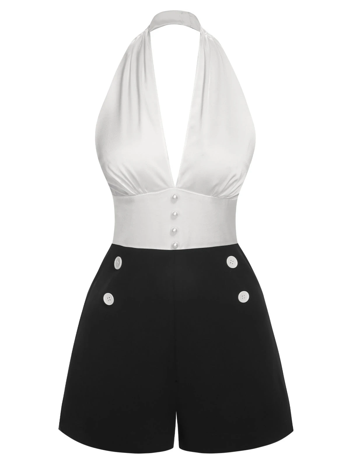 White & Black 1950s Deep-V Halter Romper - Image 2