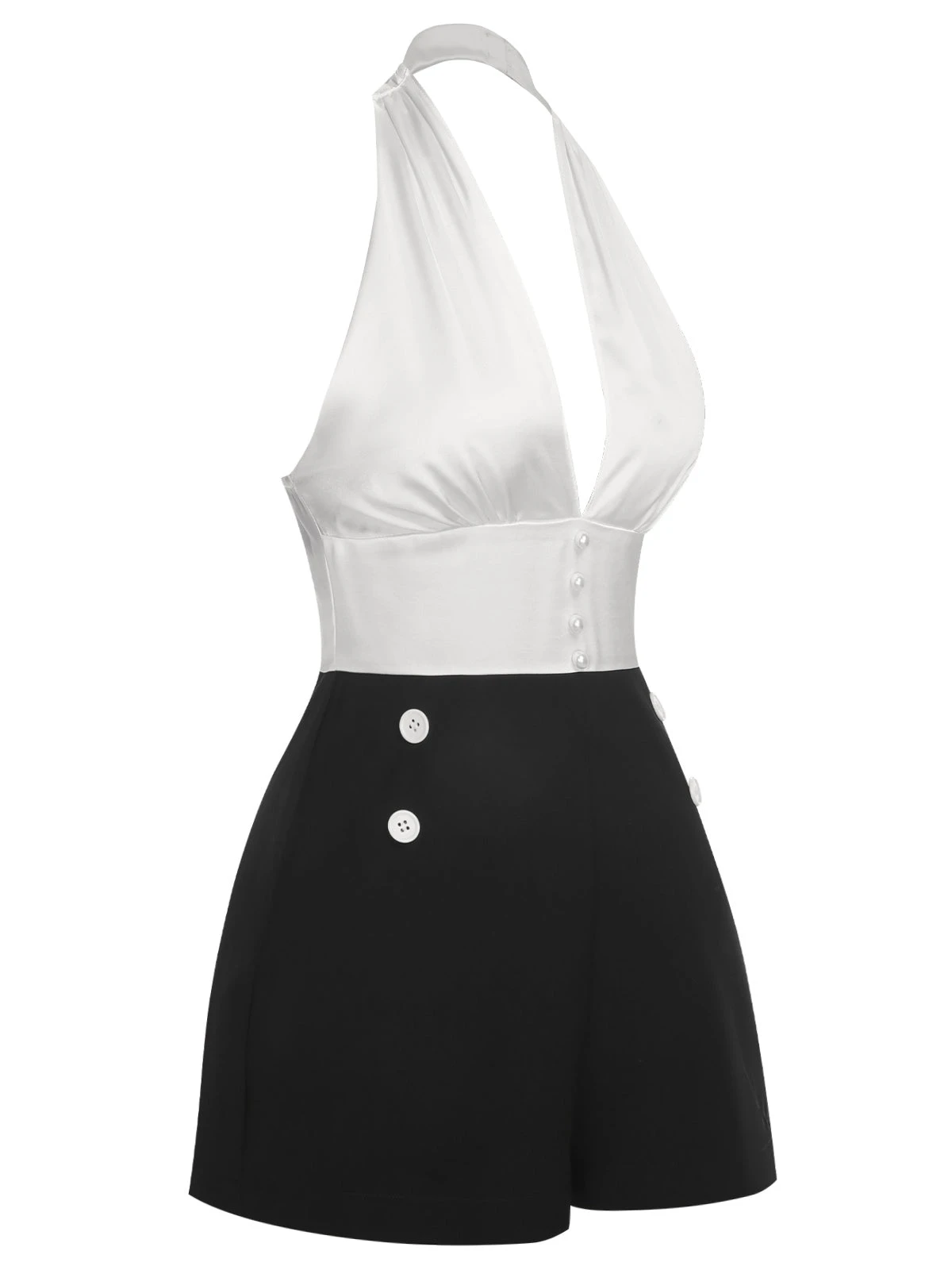 White & Black 1950s Deep-V Halter Romper - Image 3