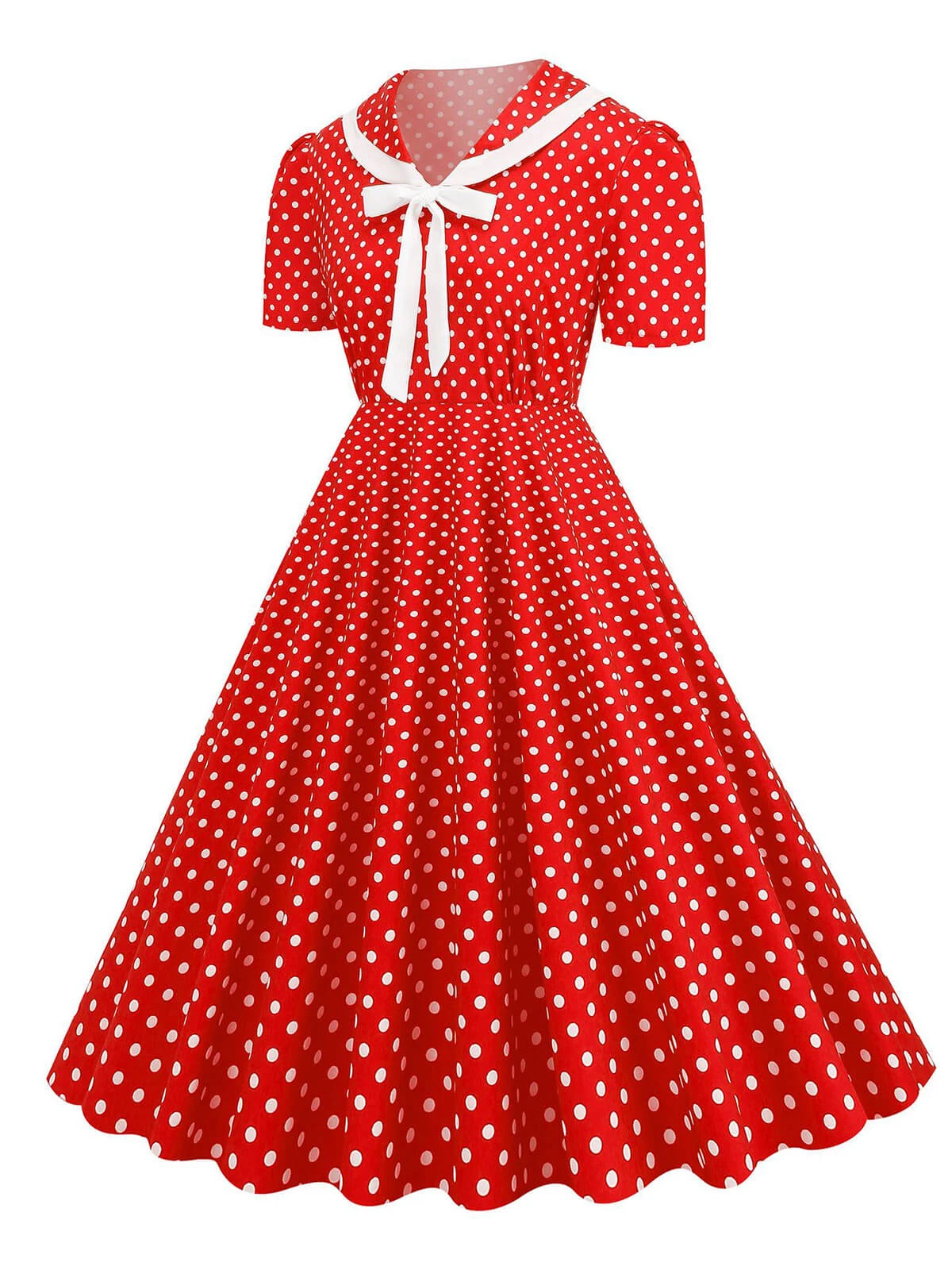 1950s Polka Dots Lapel Bowknot Swing Dress - Image 4