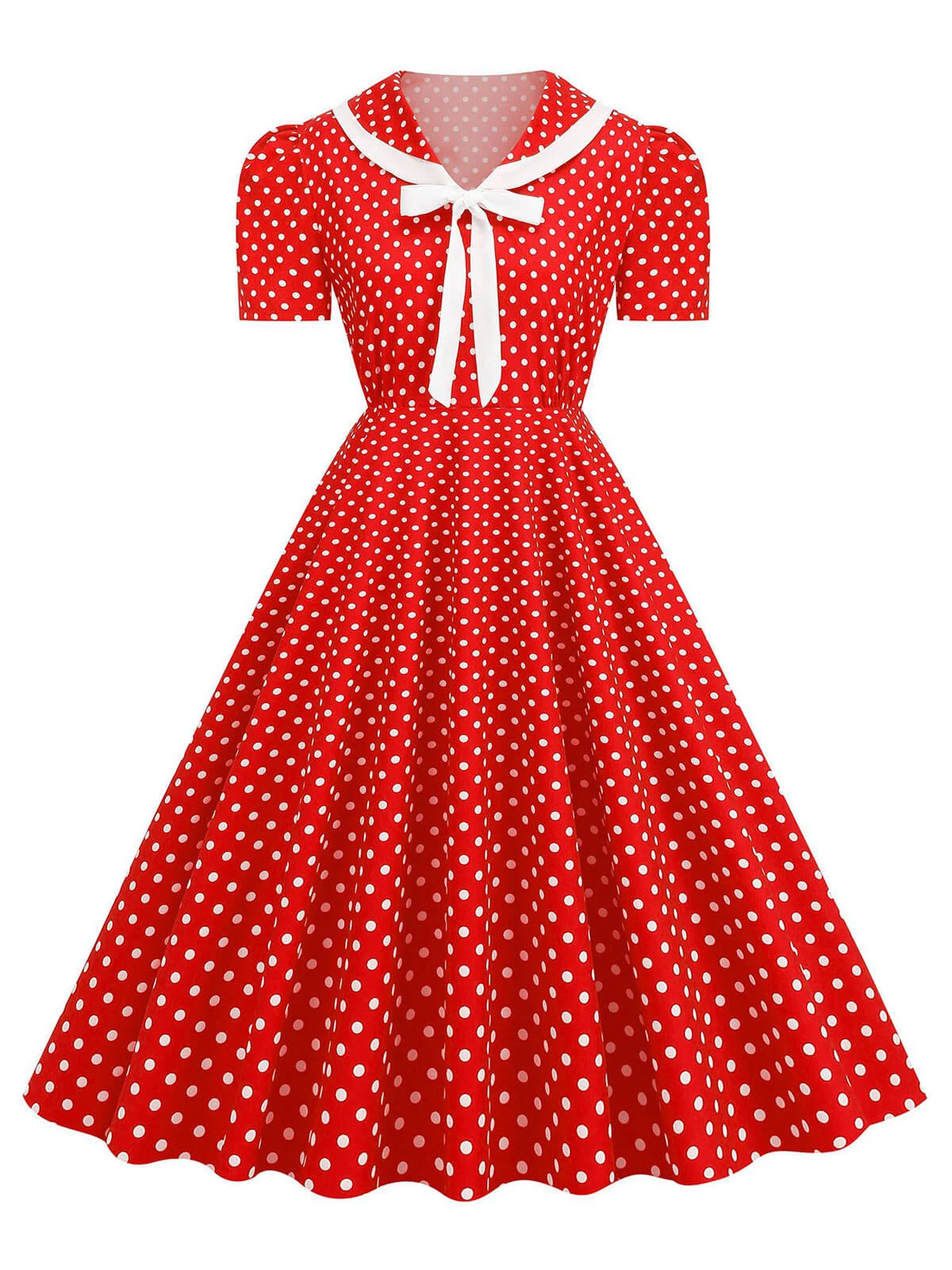 1950s Polka Dots Lapel Bowknot Swing Dress - Image 6