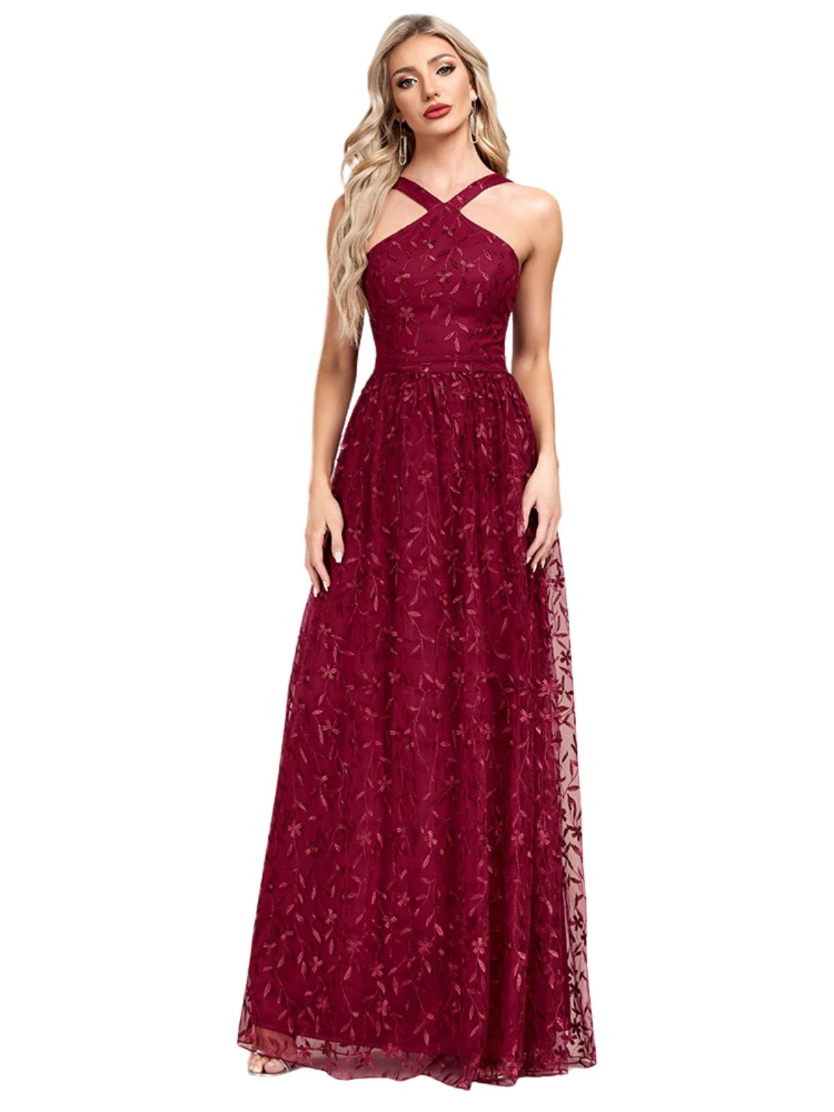 Wine Red 1920s Embroidered Mesh Maxi Dress - Image 5